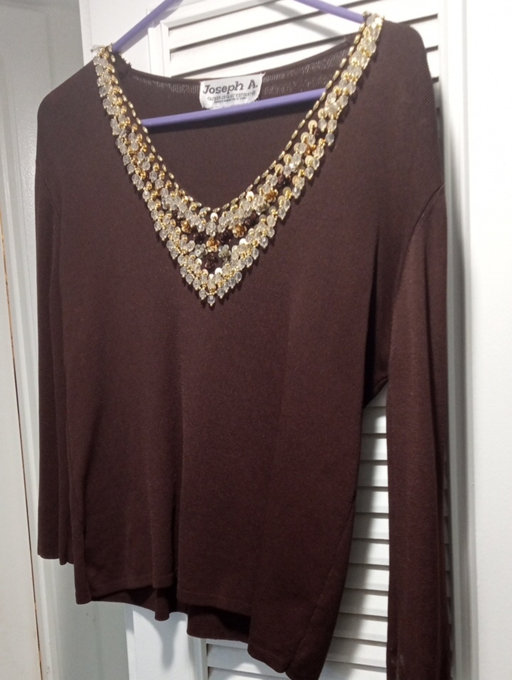 Joseph Brown Long-Sleeve Embellished V-Neck Top